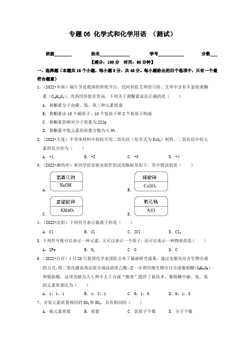 【步步为营 中考一轮】专题6 化学式和化学用语 (测试)(原卷及答案)--中考化学 沪教版(全国) 