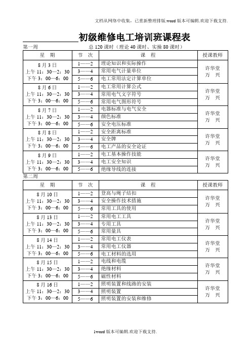 初级维修电工培训班课程表