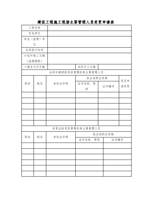 建设工程施工现场主要管理人员变更申请表