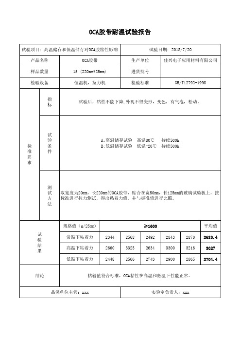 OCA胶带耐温试验报告