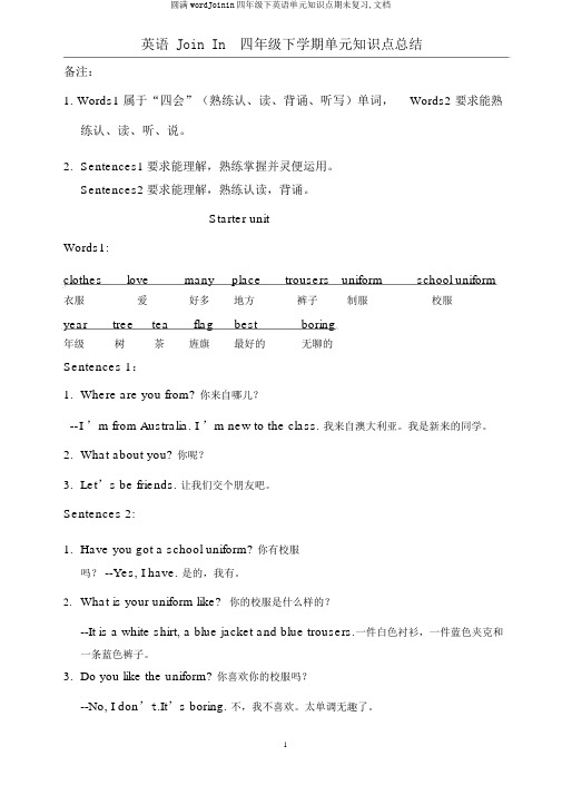 完整wordJoinin四年级下英语单元知识点期未复习,文档