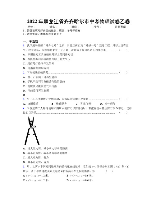 2022年黑龙江省齐齐哈尔市中考物理试卷乙卷附解析