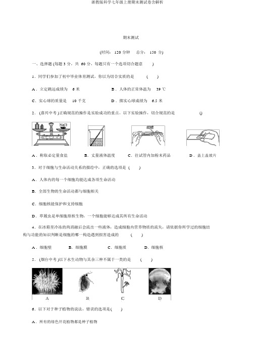 浙教版科学七年级上册期末测试卷含解析