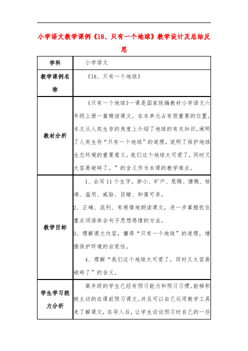 小学语文教学课例《只有一个地球》教学设计及总结反思