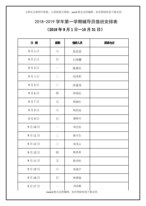 2020学年第一学期辅导员值班安排表