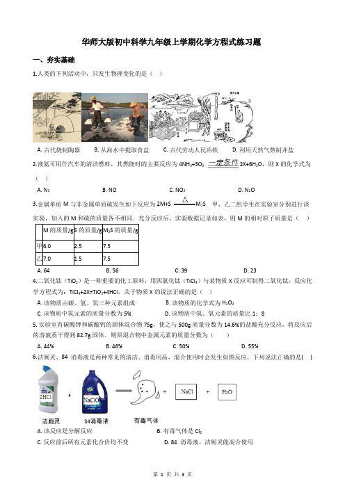 华师大版初中科学九年级上学期化学方程式练习题