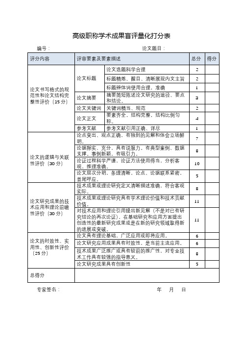 高级职称学术成果盲评量化打分表