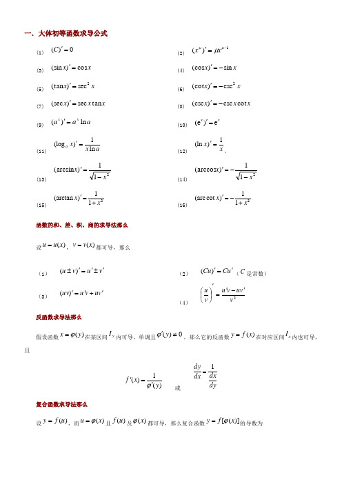 经常使用的求导和定积分公式