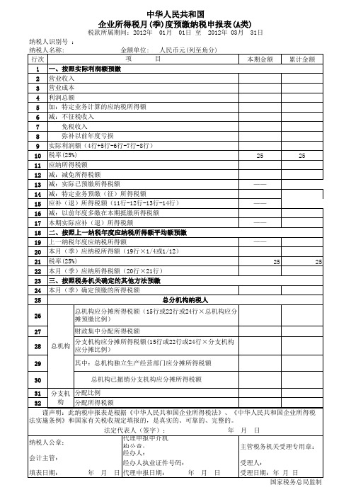 2012年新版版中华人民共和国企业所得税月(季)度预缴纳税申报表(A类)