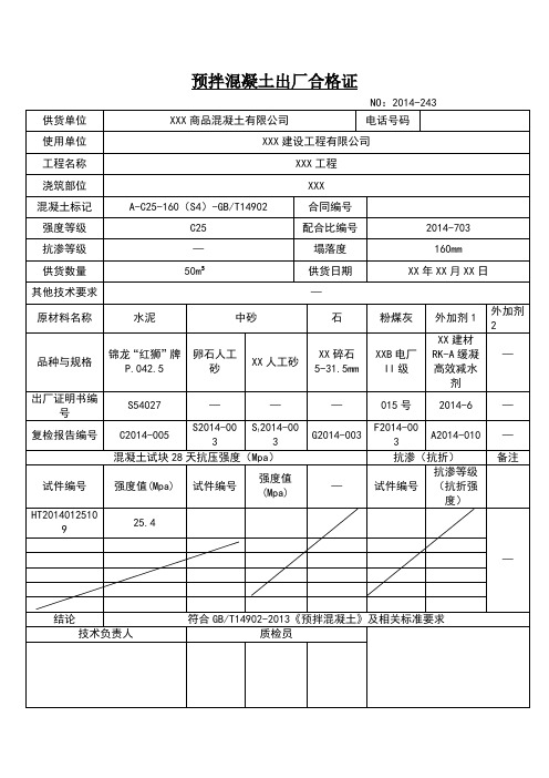 预拌混凝土出厂合格证模板