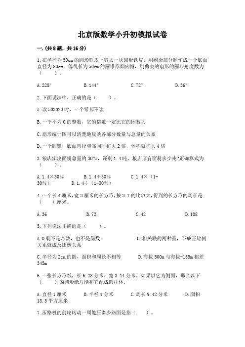 北京版数学小升初模拟试卷附答案(精练)