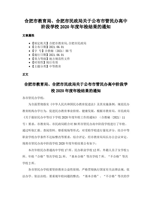 合肥市教育局、合肥市民政局关于公布市管民办高中阶段学校2020年度年检结果的通知