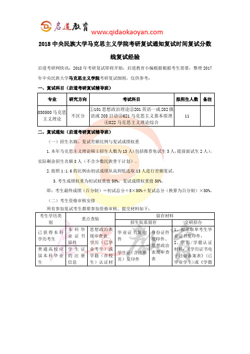 2018中央民族大学马克思主义学院考研复试通知复试时间复试分数线复试经验