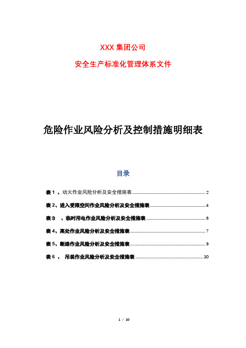 危险作业风险分析及控制措施明细表