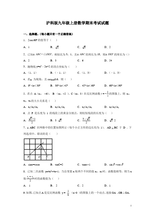 沪科版九年级上册数学期末考试试卷含答案