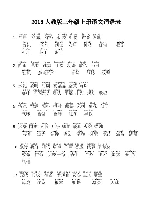 2018人教版三年级上册语文词语表