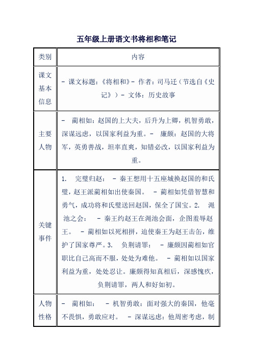 五年级上册语文书将相和笔记