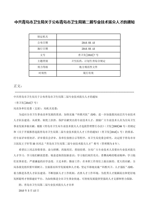 中共青岛市卫生局关于公布青岛市卫生局第二届专业技术拔尖人才的通知-青卫发[2010]7号