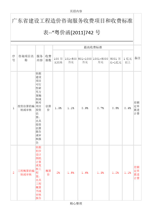 广东省建设工程造价咨询服务收费项目和收费标准表--“粤价函[2018]742号