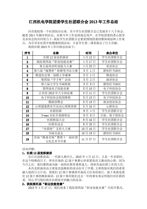 江西机电学院团委学生社团联合会2013年工作总结