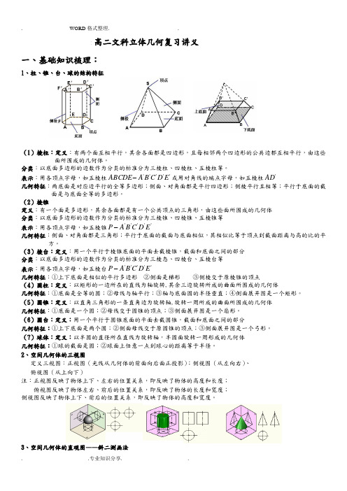 高二年级文科立体几何复习讲义教师版