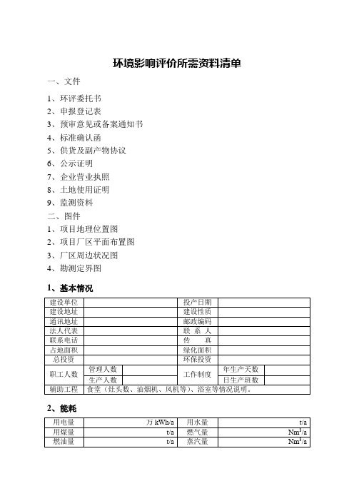 环境影响评价所需资料