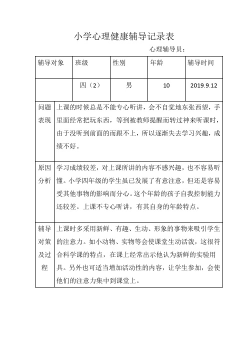 四年级(2)班心理健康辅导记录表