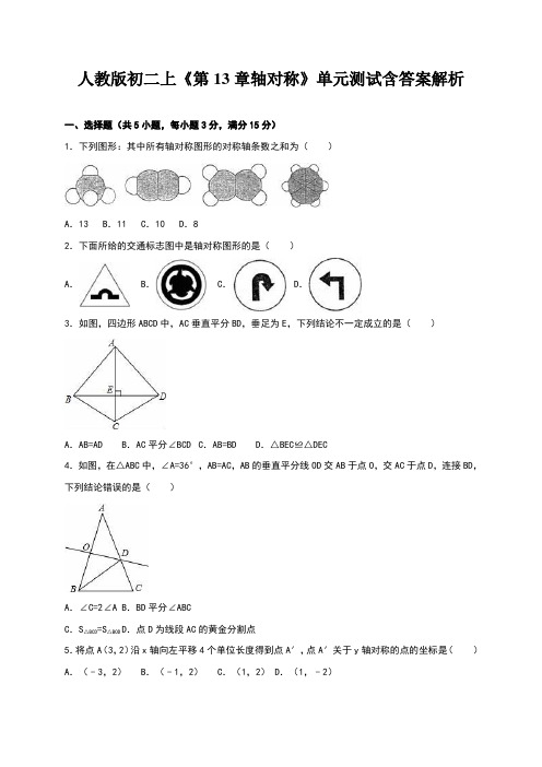 人教版初二上《第13章轴对称》单元测试含答案解析