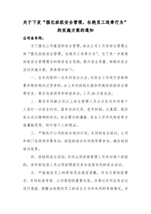 关于下发“强化班组安全管理,杜绝员工违章行为”的实施方案的通知