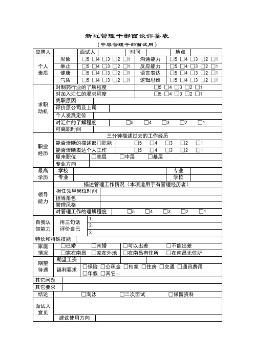 新进管理干部面谈评鉴表