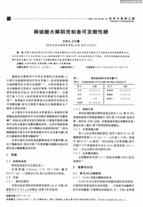 稀硫酸水解稻壳制备可发酵性糖