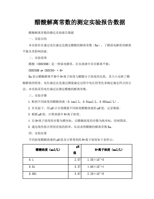 醋酸解离常数的测定实验报告数据