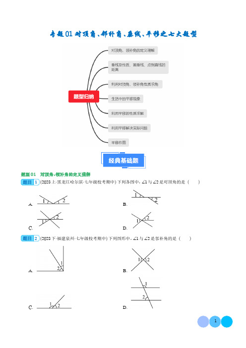 对顶角、邻补角、垂线、平移之七大题型(学生版)--2024年七年级数学下学期期中真题分类(人教版)