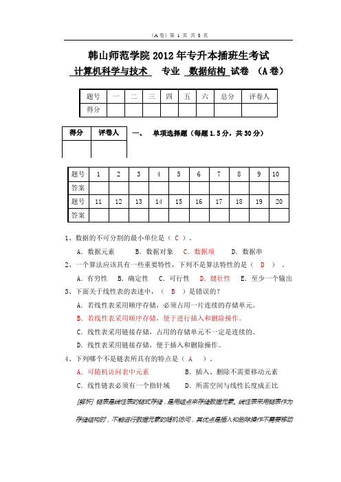 2012韩山师范学院专升本插班生考试《数据结构》试卷