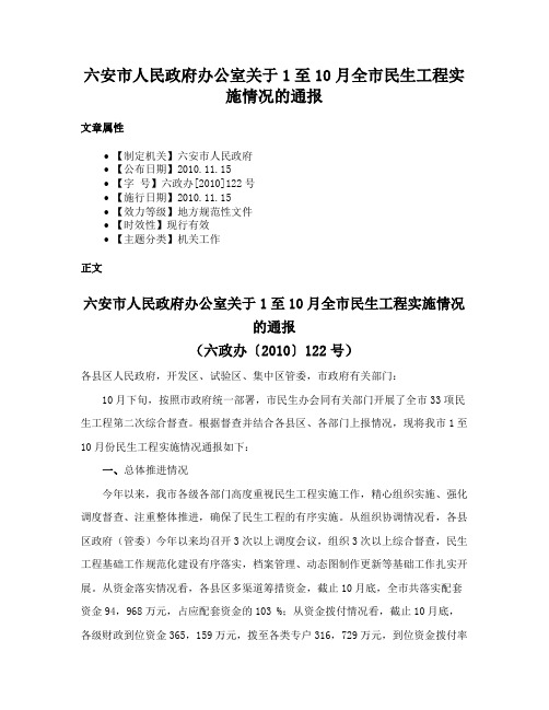 六安市人民政府办公室关于1至10月全市民生工程实施情况的通报