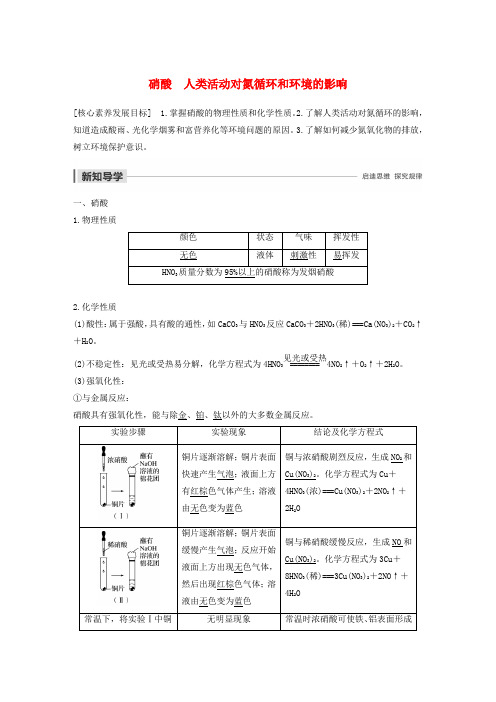 2019_2020学年高中化学第3章自然界中的元素第2节第3课时硝酸人类活动对氮循环和环境的影响学案鲁科版