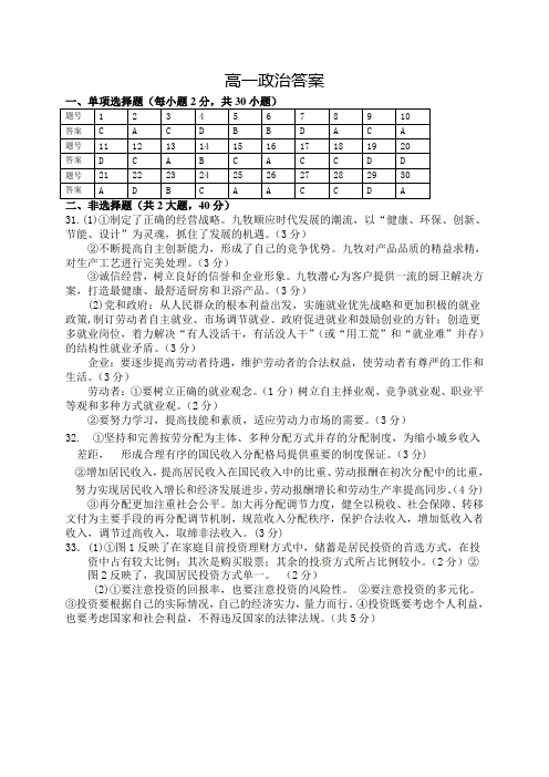 2015～2016学年度第一学期高一政治《必修1》模块学习终结性检测试卷答案