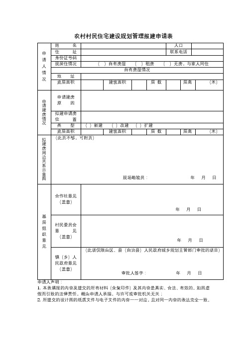 农村村民住宅建设规划管理报建申请表【模板】