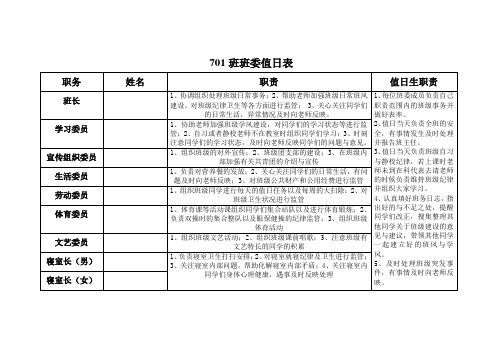 班委成员值日表