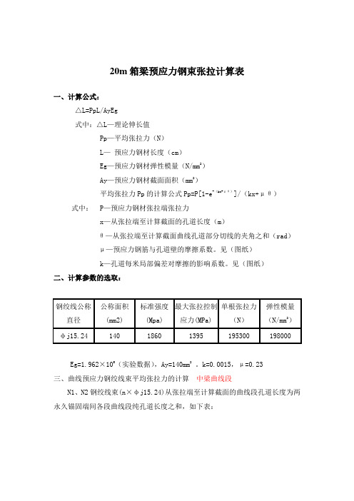 20m箱梁预应力钢束张拉计算表