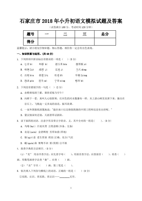 石家庄市2018年小升初语文模拟试题及答案