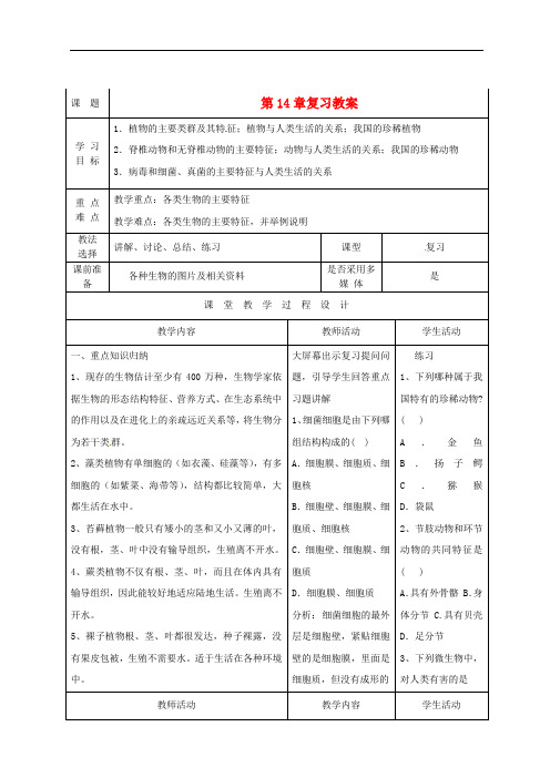 苏教初中生物八上《第5单元第14章丰富多彩的生物世界》word教案