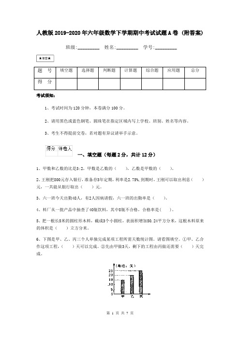 人教版2019-2020年六年级数学下学期期中考试试题A卷 (附答案)