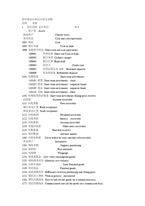 中国会计科目中英文对照