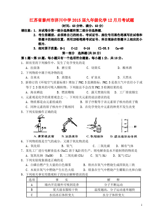 江苏省泰州市济川中学九年级化学12月月考试题