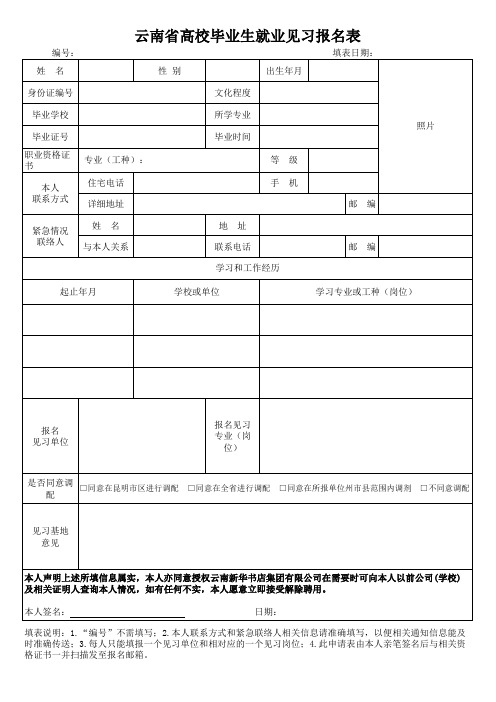 云南省高校毕业生就业见习报名表xls-报名表