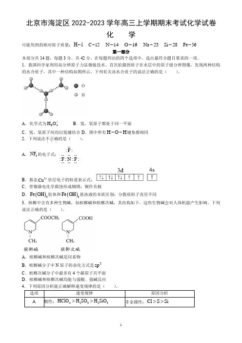 北京市海淀区2022-2023学年高三上学期期末考试化学试卷(word版,含答案)