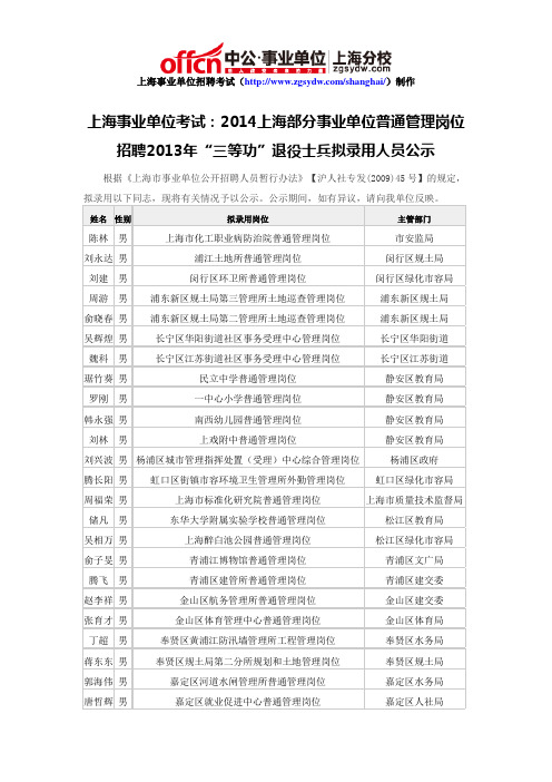 上海事业单位考试：2014上海部分事业单位普通管理岗位招聘2013年“三等功”退役士兵拟录用人员公示