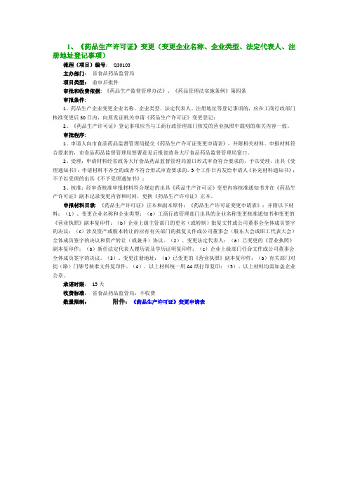 《药品生产许可证》变更(变更企业名称、企业类型、法定代表人、注册地址登记事项)