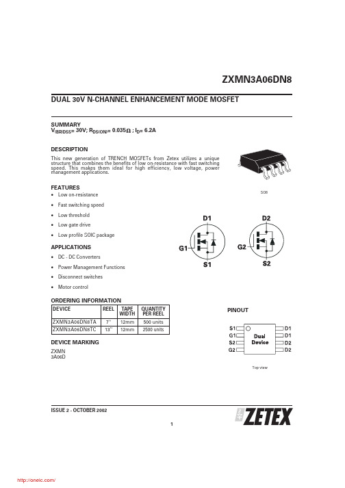 ZXMN3A06DN8TA;ZXMN3A06DN8TC;中文规格书,Datasheet资料